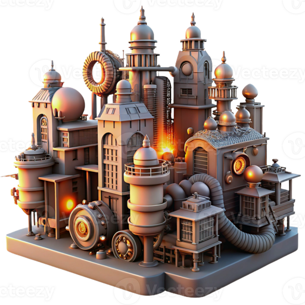 magnificent abstract A cityscape of towering steampunk buildings, connected by intricate networks of pipes and gears, illuminated by a fiery sunset, dystopian atmosphere, digital art exclusive png