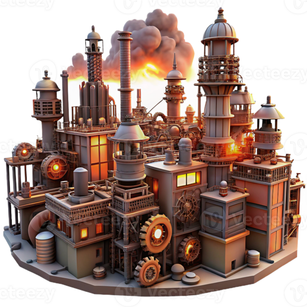 beautiful modern A cityscape of towering steampunk buildings, connected by intricate networks of pipes and gears, illuminated by a fiery sunset, dystopian atmosphere, digital art premium png