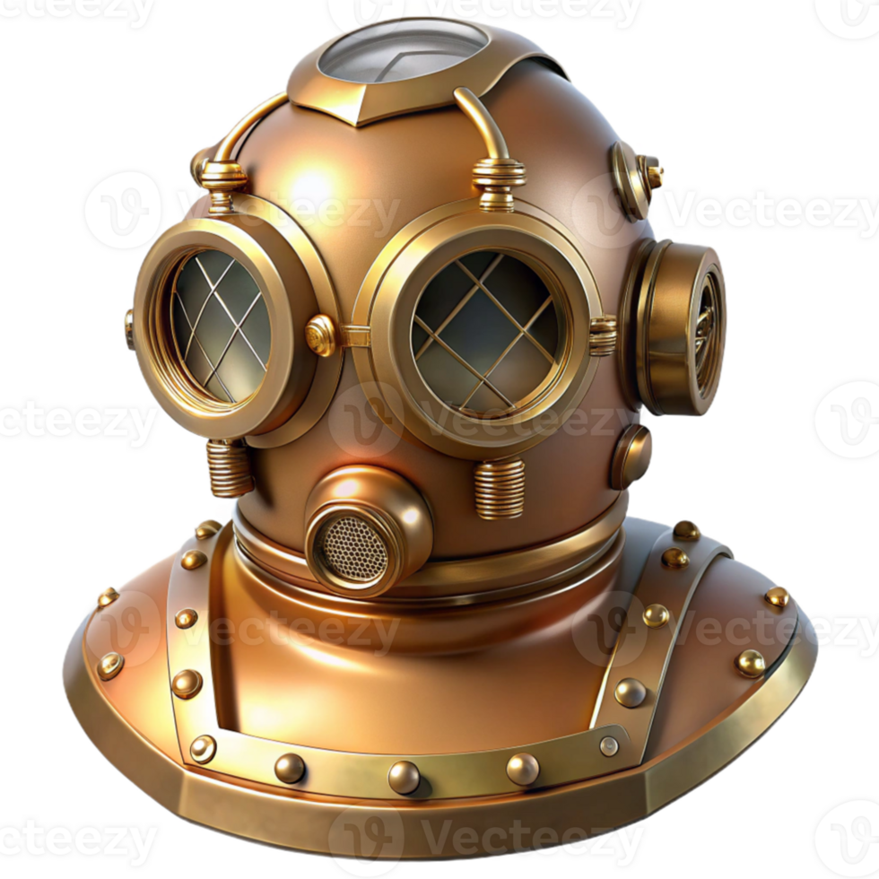 wonderful traditional A steampunk diving suit, crafted from heavy brass and copper, with large glass viewing ports, illuminated by underwater spotlights, realistic rendering 4K png