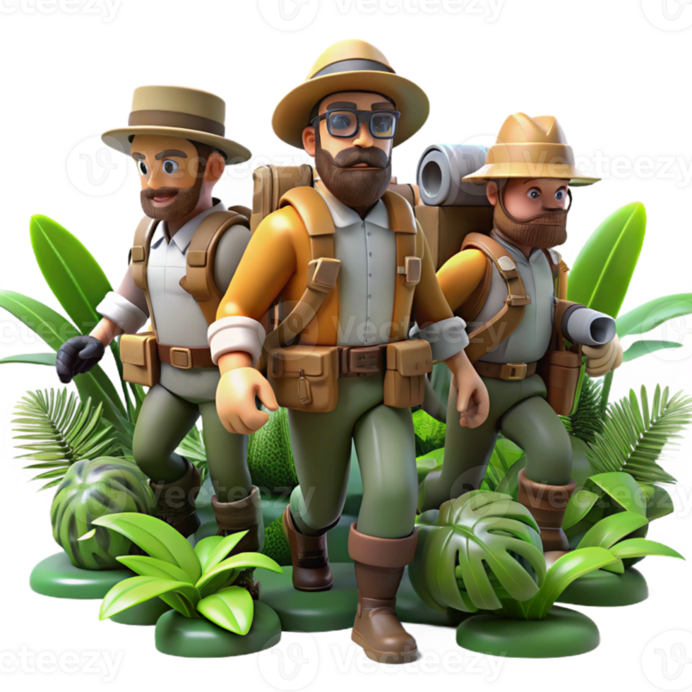 wonderful contemporary A group of steampunk explorers, trekking through a dense jungle, wearing pith helmets and carrying strange gadgets, dappled sunlight, adventure style 4K png