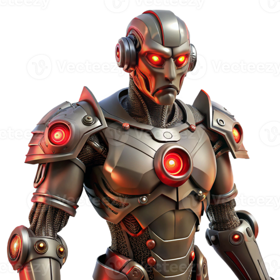 vibrant rustic A steampunk cyborg, with intricate mechanical augmentations replacing their limbs, glowing red eyes, dark, moody lighting, cyberpunk style premium png