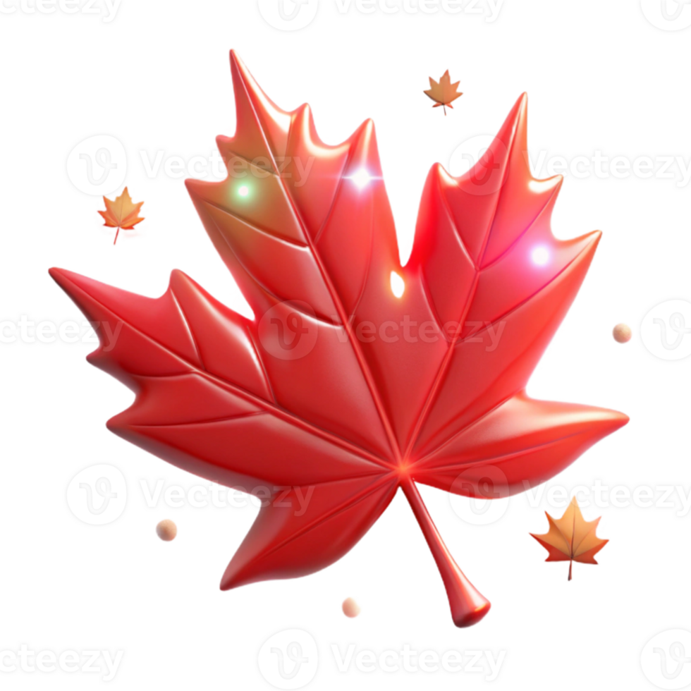 dramatic rustic A single, perfect red maple leaf falling through the air, caught in a beam of light, with a bokeh effect authentic png