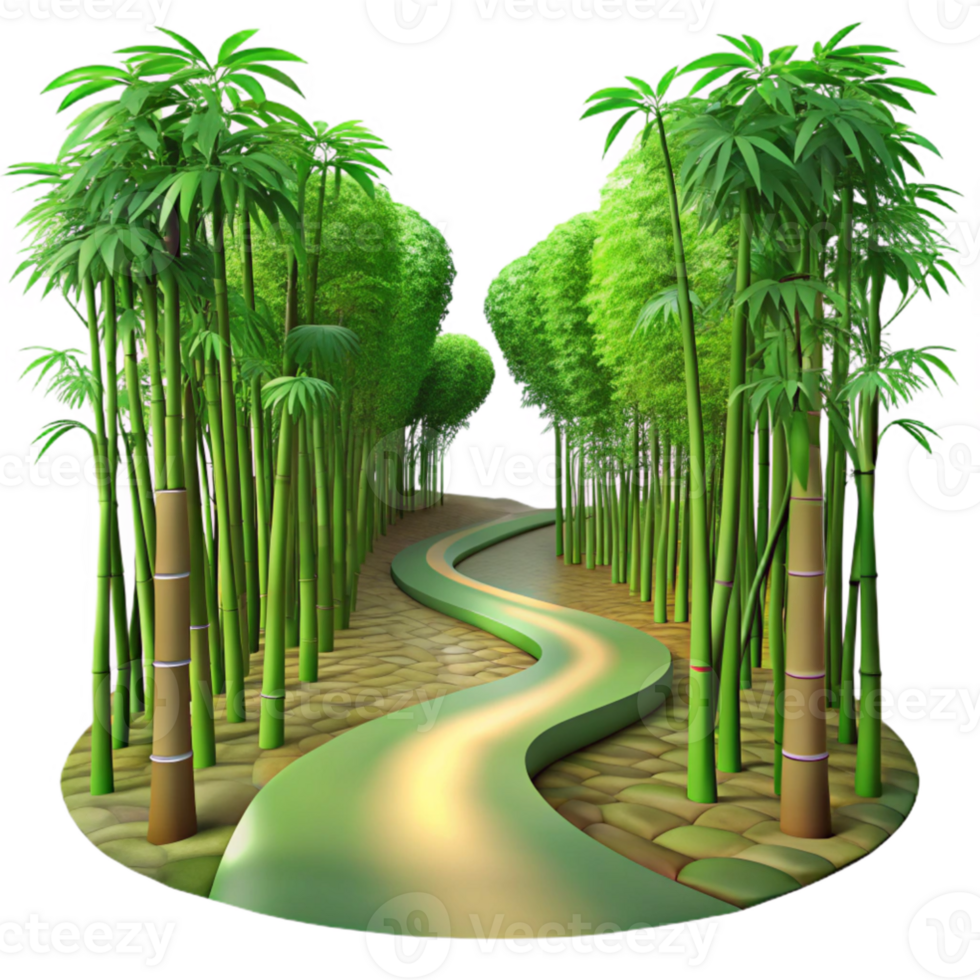 extraordinary rustic A winding path through a lush, green bamboo forest, dappled sunlight filtering through the leaves, in a hyperrealistic style high quality png