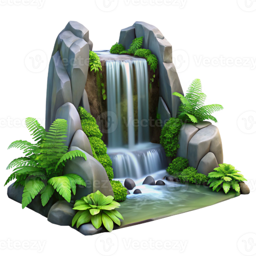 extraordinary classic A cascading waterfall tumbling over moss covered rocks, surrounded by lush ferns, in a photorealistic style original png