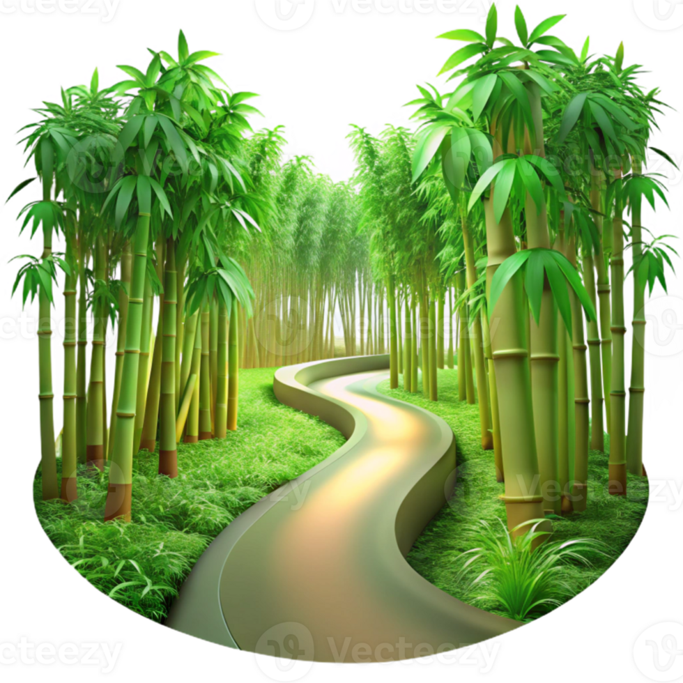 elegant creative A winding path through a lush, green bamboo forest, dappled sunlight filtering through the leaves, in a hyperrealistic style original png