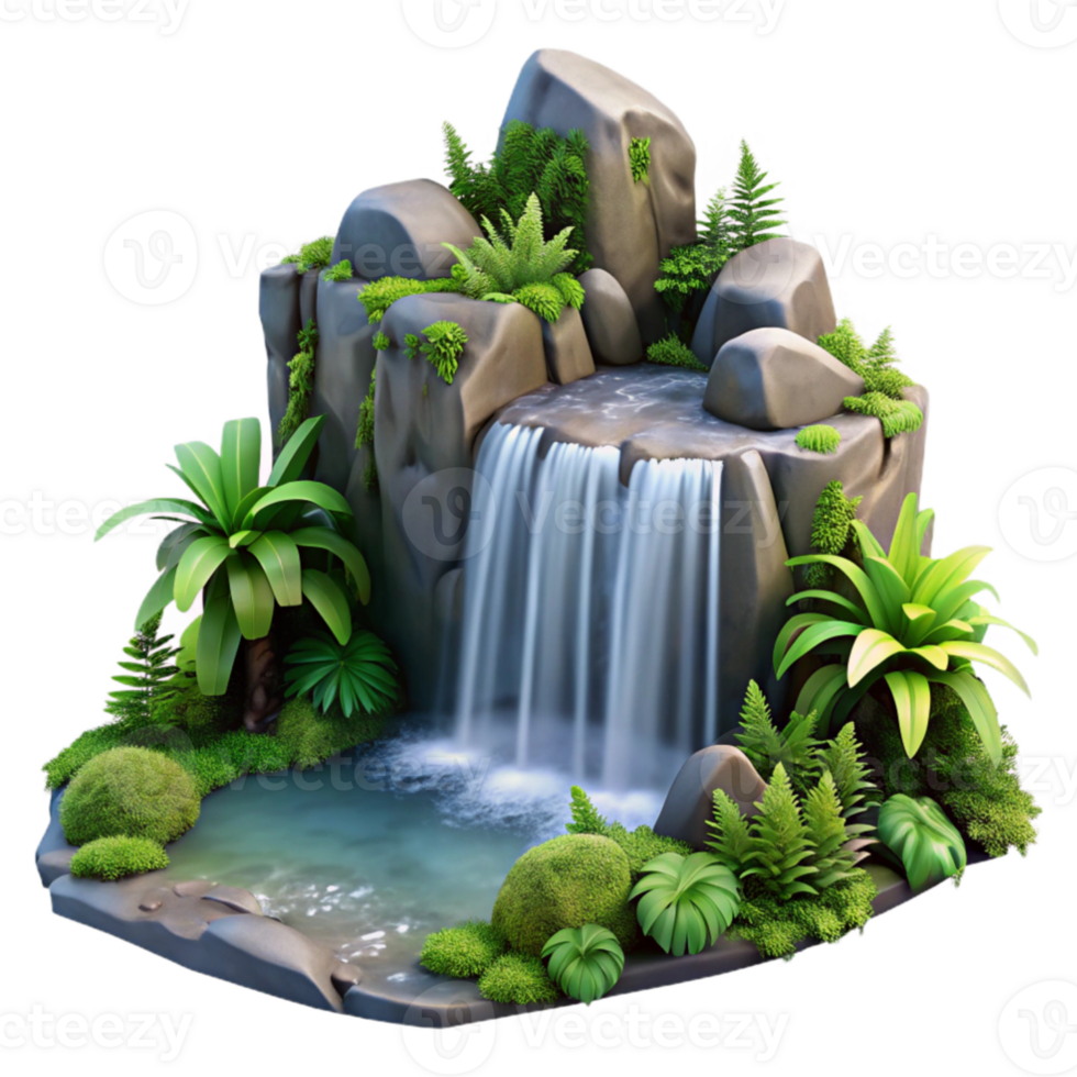 extraordinary traditional A cascading waterfall tumbling over moss covered rocks, surrounded by lush ferns, in a photorealistic style detailed png