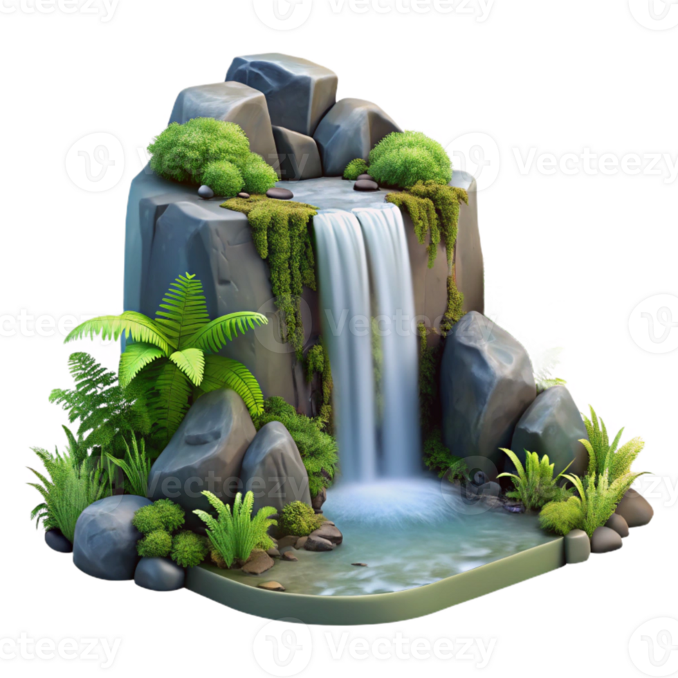stunning artistic A cascading waterfall tumbling over moss covered rocks, surrounded by lush ferns, in a photorealistic style high quality png