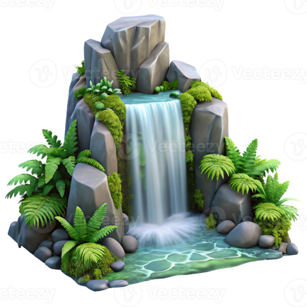 vibrant artistic A cascading waterfall tumbling over moss covered rocks, surrounded by lush ferns, in a photorealistic style detailed png