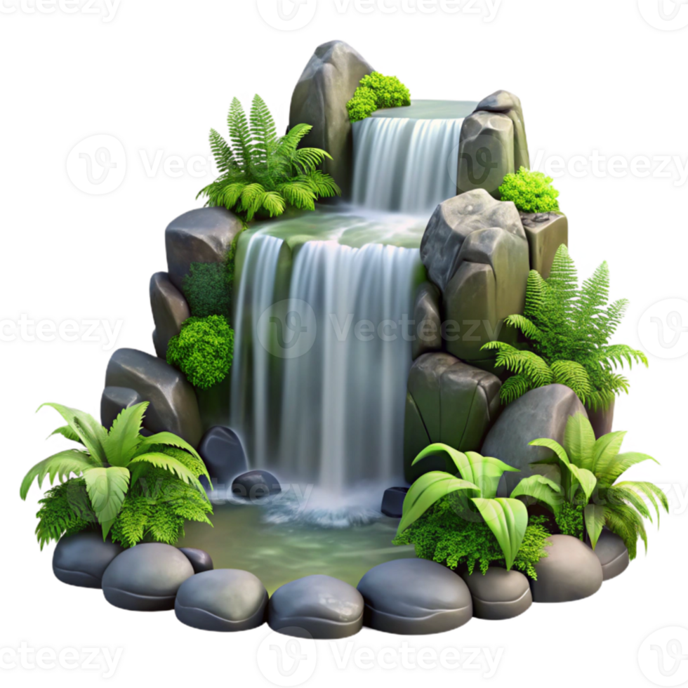 elegant vintage A cascading waterfall tumbling over moss covered rocks, surrounded by lush ferns, in a photorealistic style premium png