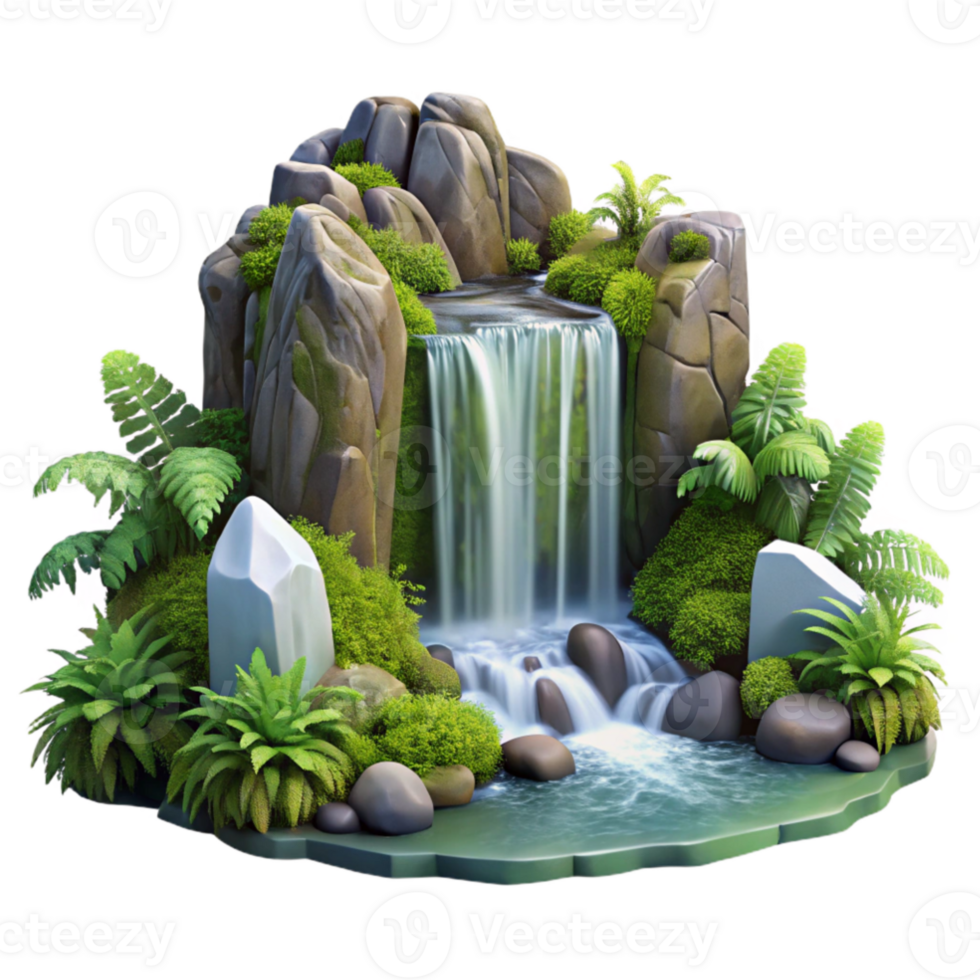 vibrant rustic A cascading waterfall tumbling over moss covered rocks, surrounded by lush ferns, in a photorealistic style authentic png