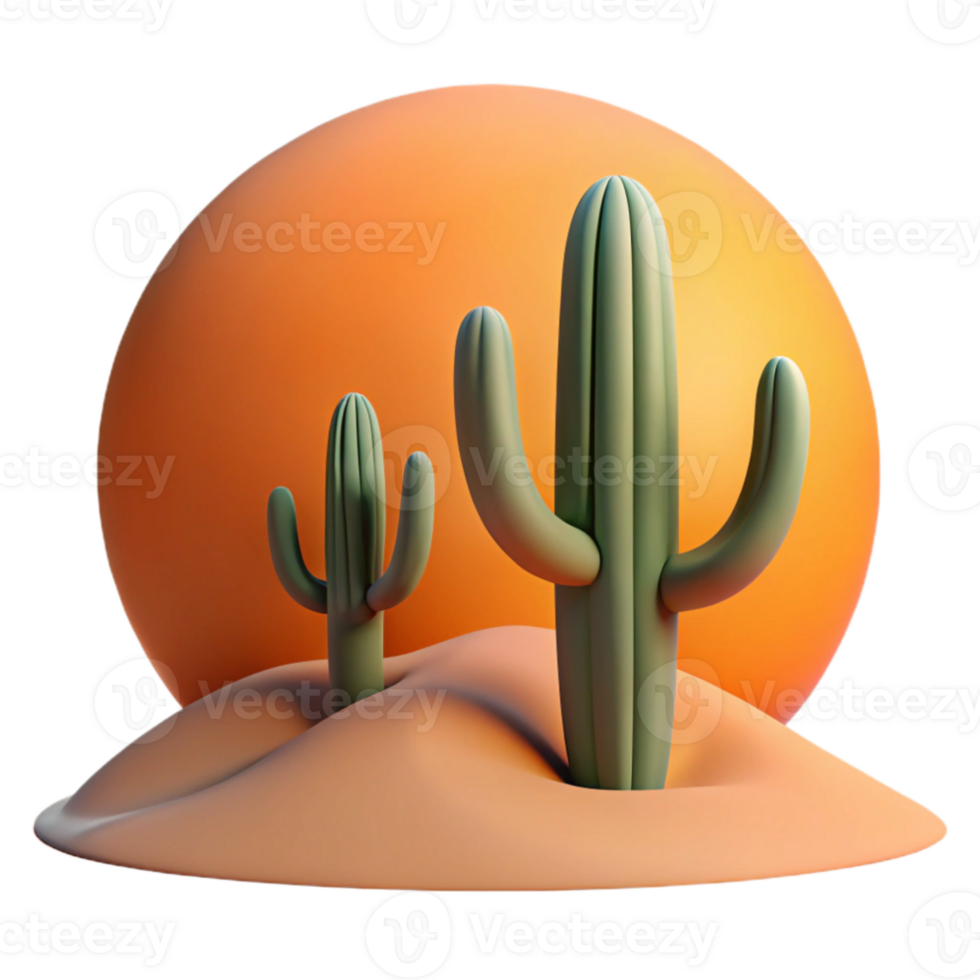 stunning rustic A desert landscape at dusk, with towering cacti silhouetted against the orange sky, in a minimalist, graphic style high resolution png