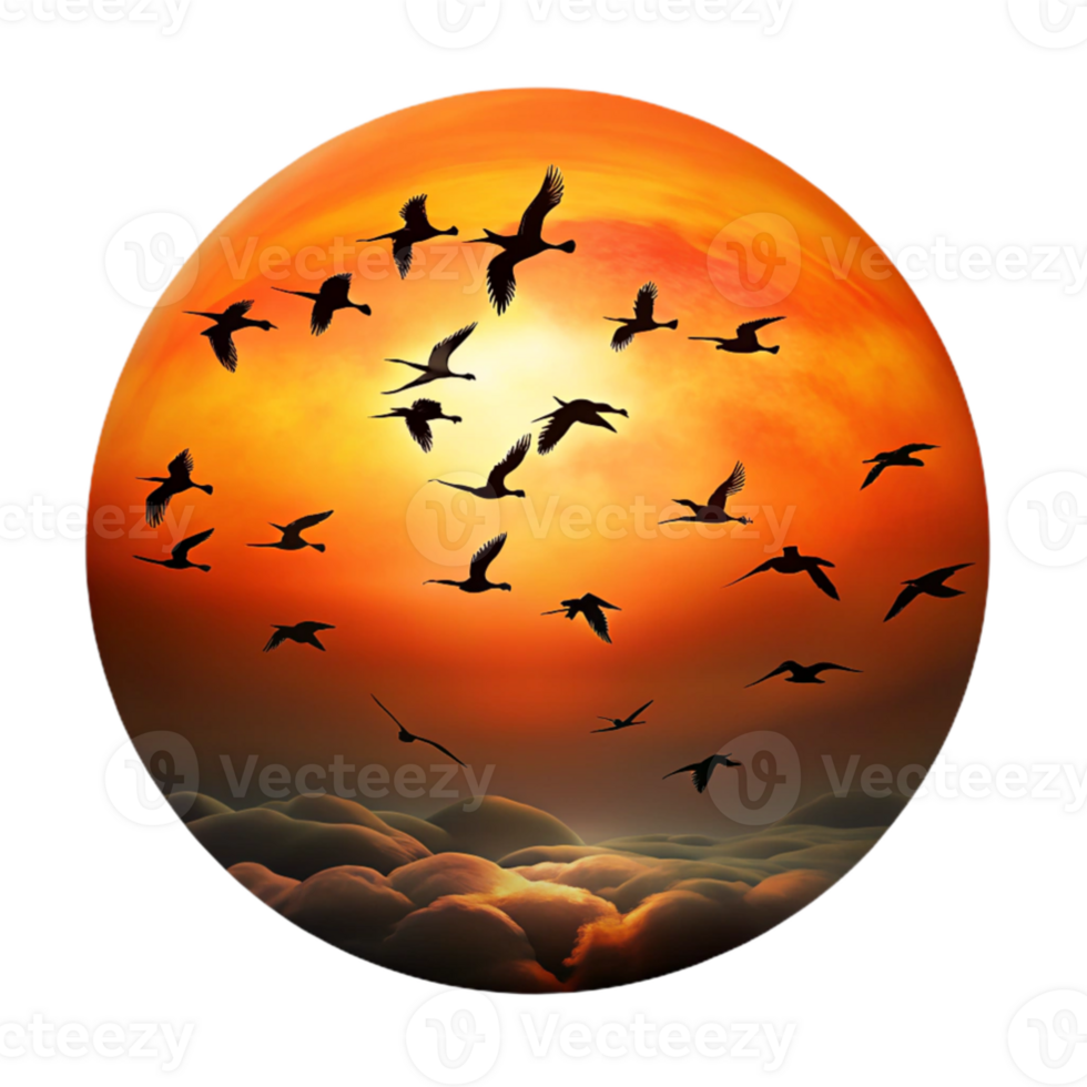 dramatic minimalist A flock of migrating birds silhouetted against a fiery sunset sky, in a dynamic, action packed style exclusive png