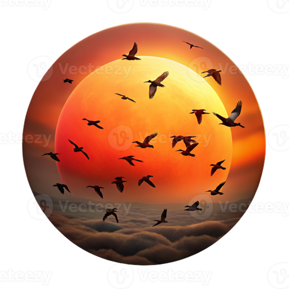 impressive creative A flock of migrating birds silhouetted against a fiery sunset sky, in a dynamic, action packed style professional png