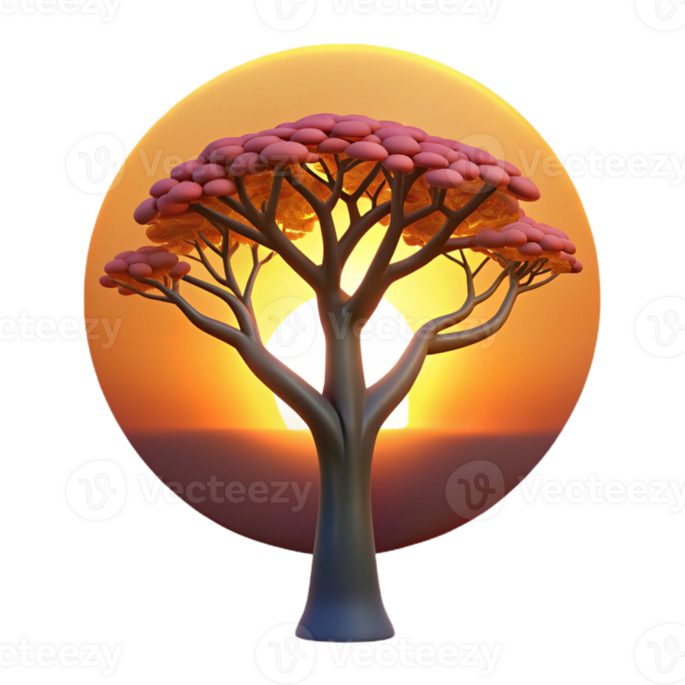 serene rustic A solitary, weathered oak tree silhouetted against a vibrant sunset, painted in the style of Albert Bierstadt, with warm, golden light streaming through the branches premium png