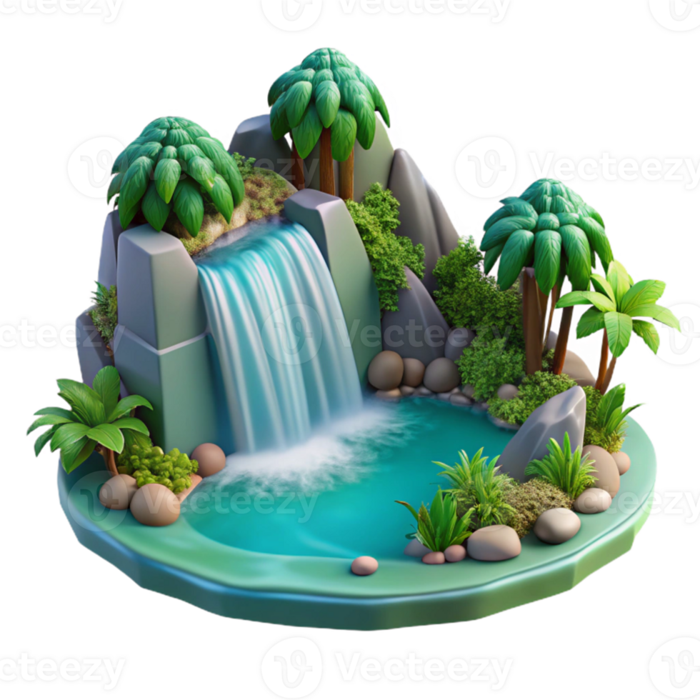 impressive contemporary A cascading waterfall plunging into a crystal clear pool, surrounded by lush, green foliage, with realistic water effects and dappled sunlight filtering through the trees... png