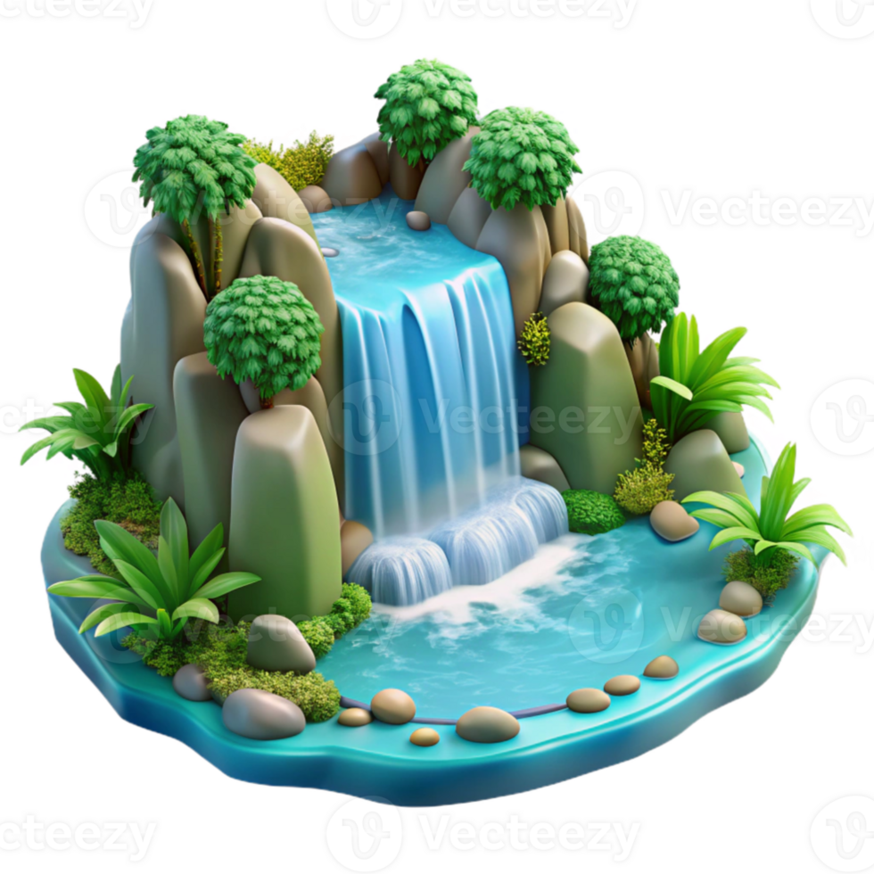vibrant creative A cascading waterfall plunging into a crystal clear pool, surrounded by lush, green foliage, with realistic water effects and dappled sunlight filtering through the trees exclusive png