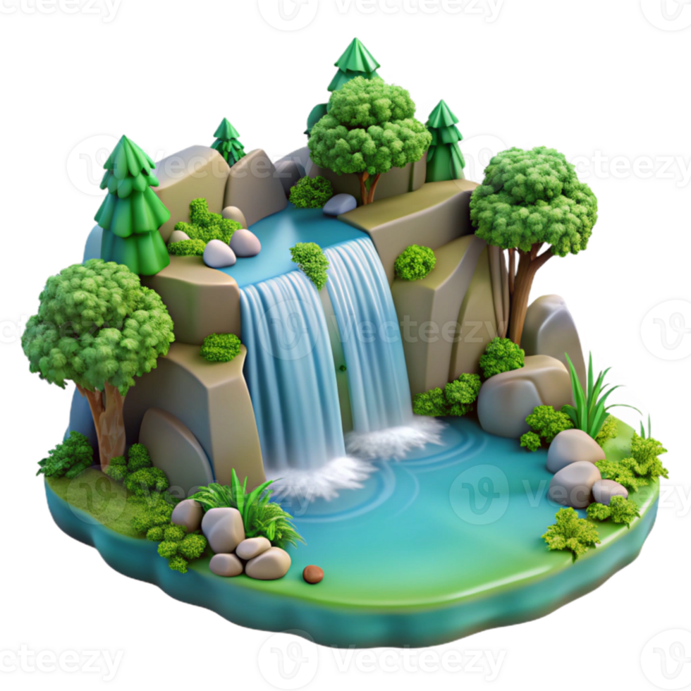 vibrant modern A cascading waterfall plunging into a crystal clear pool, surrounded by lush, green foliage, with realistic water effects and dappled sunlight filtering through the trees 4K png