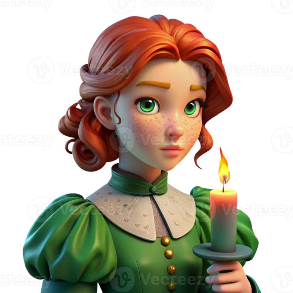 extraordinary rustic A melancholic portrait of a young woman with fiery red hair, freckles, and piercing green eyes, wearing a tattered Victorian gown, lit by a single flickering candle held in... png