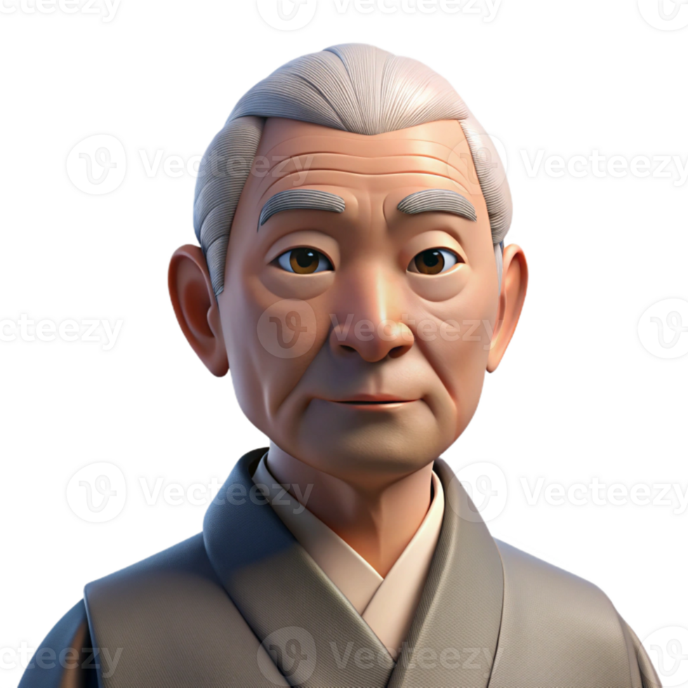 dramatic artistic Portrait of an elderly man with deep wrinkles and a wise gaze, wearing a traditional Japanese kimono, soft natural lighting, photographic realism high resolution png
