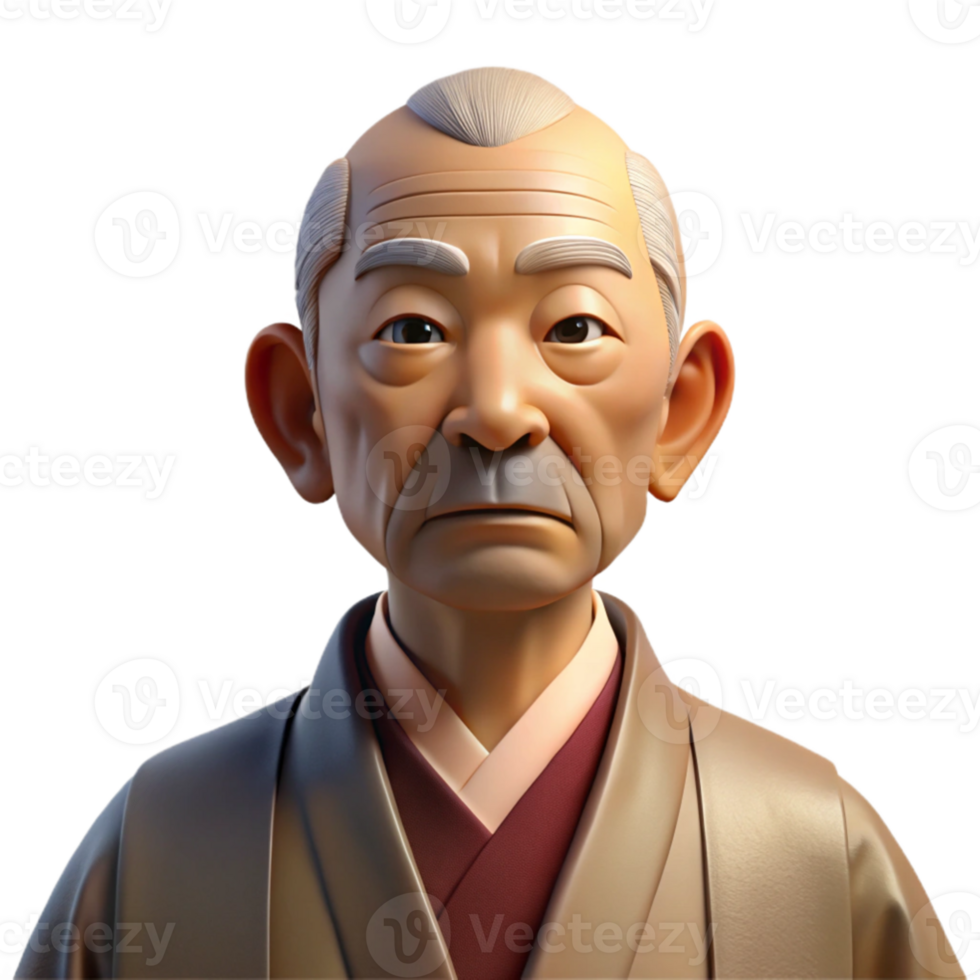 extraordinary artistic Portrait of an elderly man with deep wrinkles and a wise gaze, wearing a traditional Japanese kimono, soft natural lighting, photographic realism detailed png