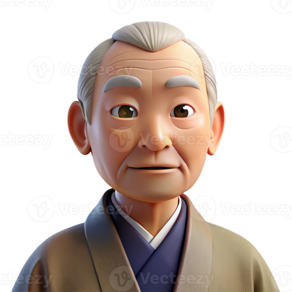 dramatic traditional Portrait of an elderly man with deep wrinkles and a wise gaze, wearing a traditional Japanese kimono, soft natural lighting, photographic realism detailed png