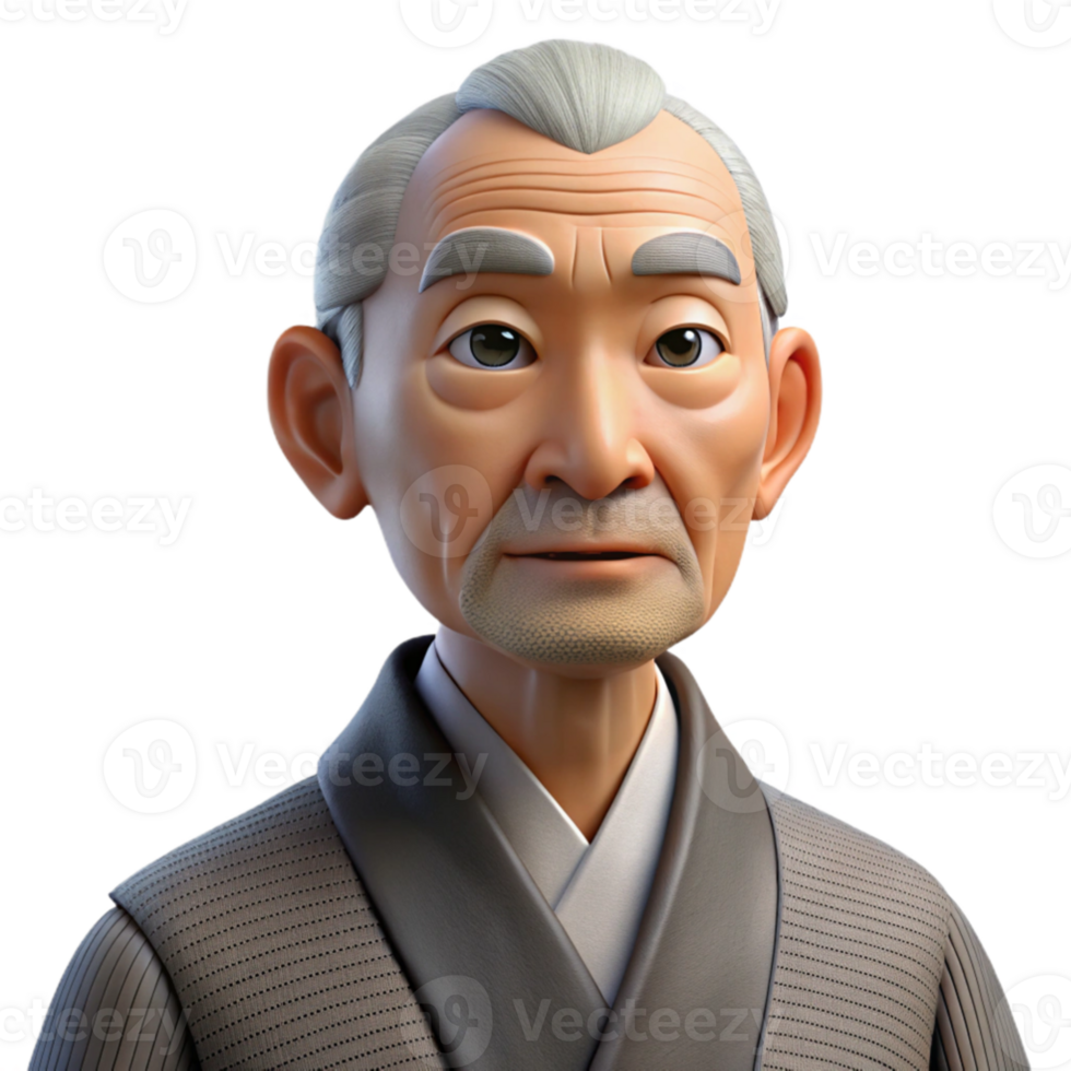 wonderful creative Portrait of an elderly man with deep wrinkles and a wise gaze, wearing a traditional Japanese kimono, soft natural lighting, photographic realism 4K png