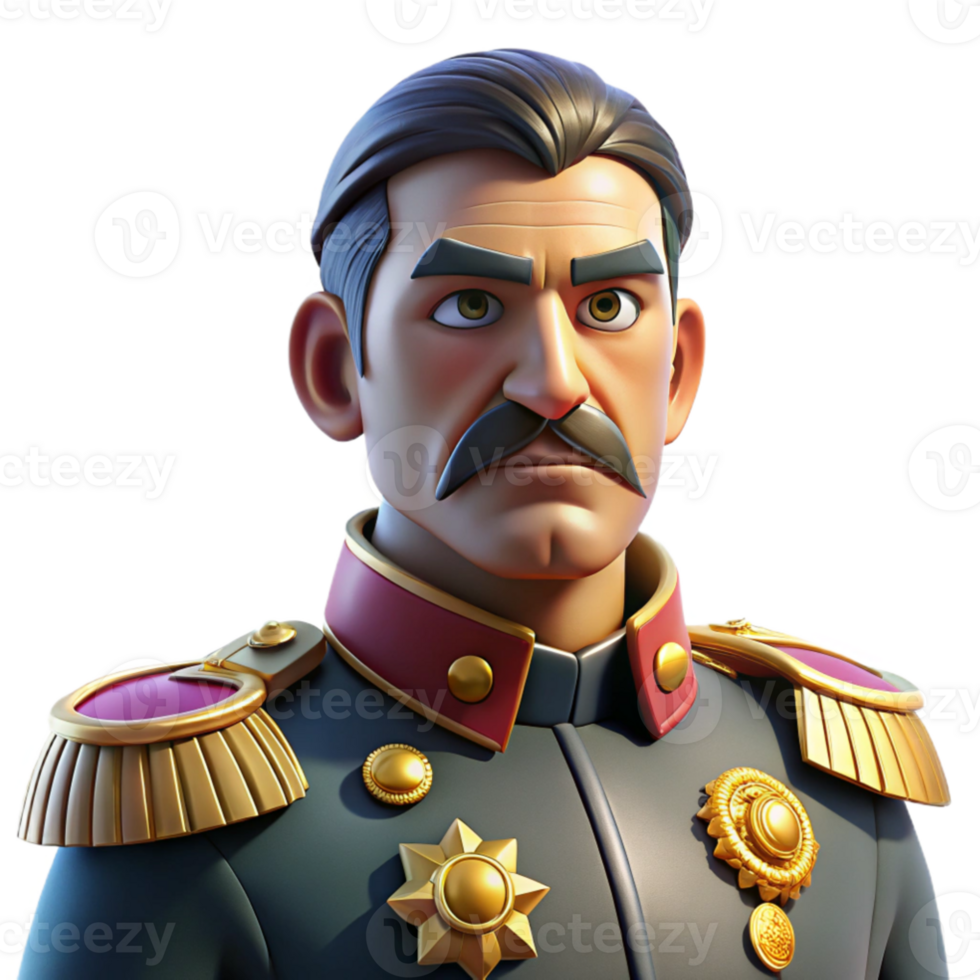 impressive classic Portrait of a stern looking general in full military regalia, adorned with medals, dramatic backlighting, cinematic style premium png