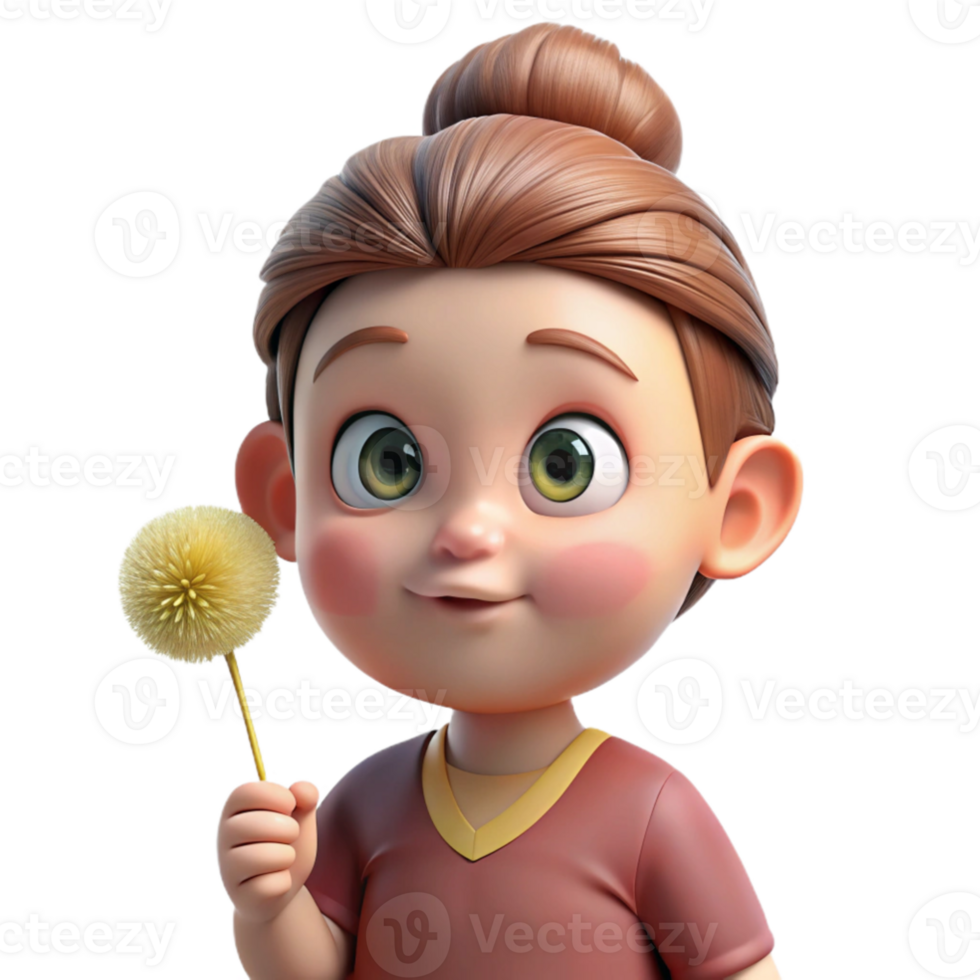 elegant classic Portrait of a curious child with wide eyes and a messy bun, holding a dandelion, soft diffused lighting, innocent and playful high quality png