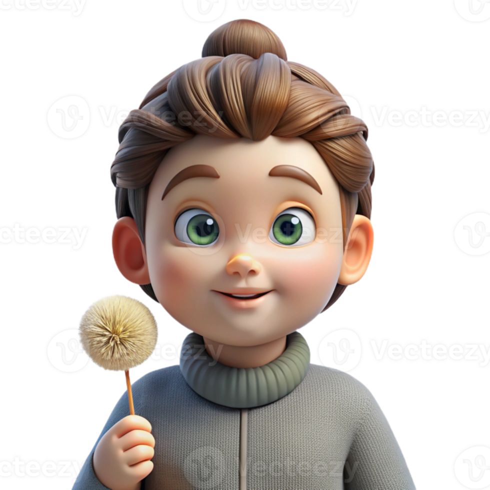 stunning modern Portrait of a curious child with wide eyes and a messy bun, holding a dandelion, soft diffused lighting, innocent and playful genuine png