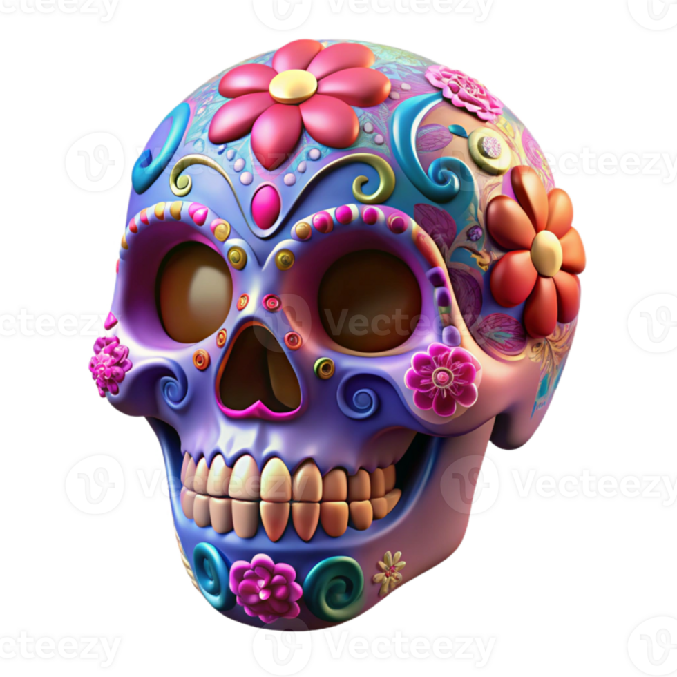 magnificent abstract Portrait of a stylized skull with intricate floral patterns, vibrant colors, pop art style, bright studio lighting genuine png