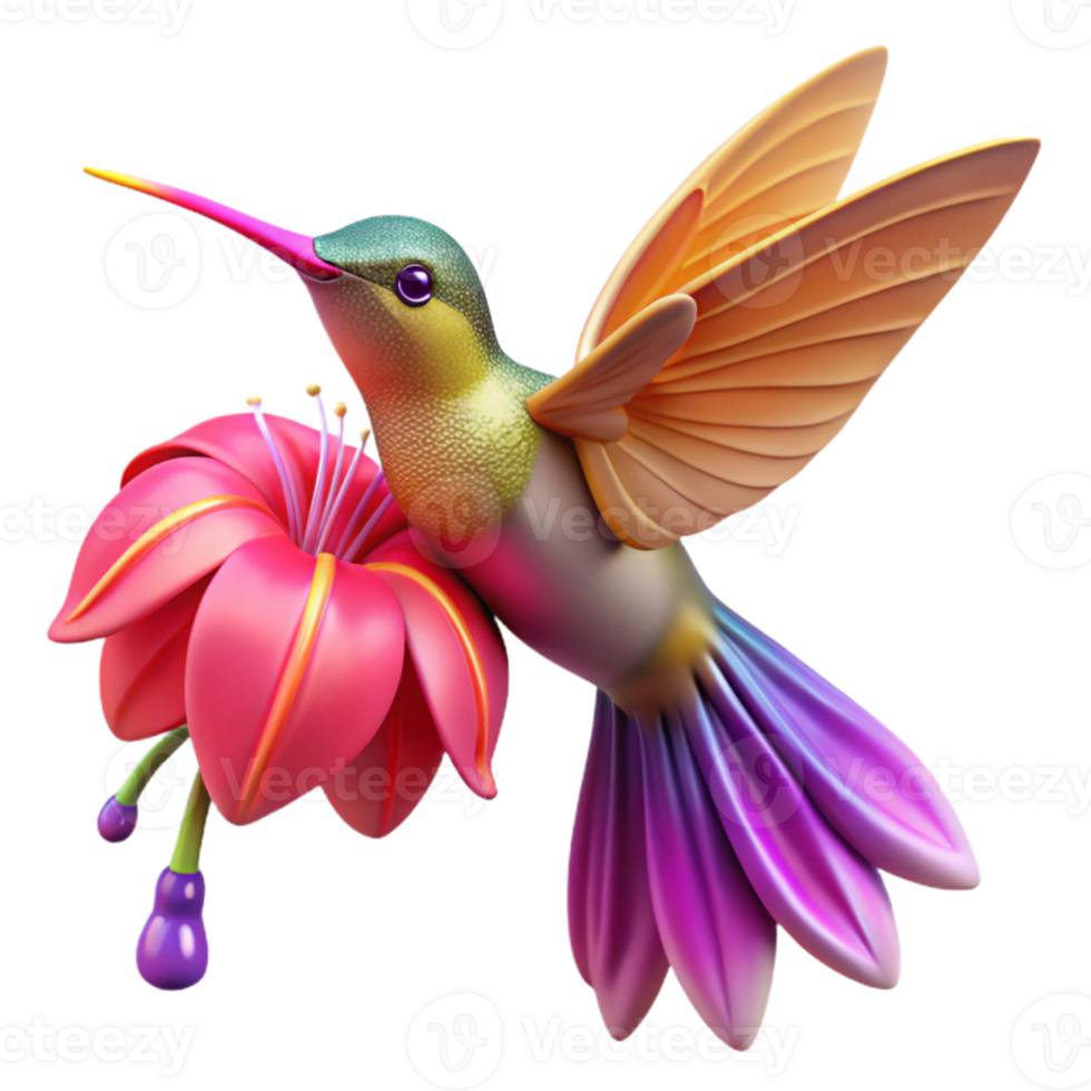 dramatic minimalist A tiny, iridescent hummingbird hovering over a vibrant fuchsia flower, droplets of dew clinging to its delicate feathers, in a macro photography style, lit by a warm, golden... png