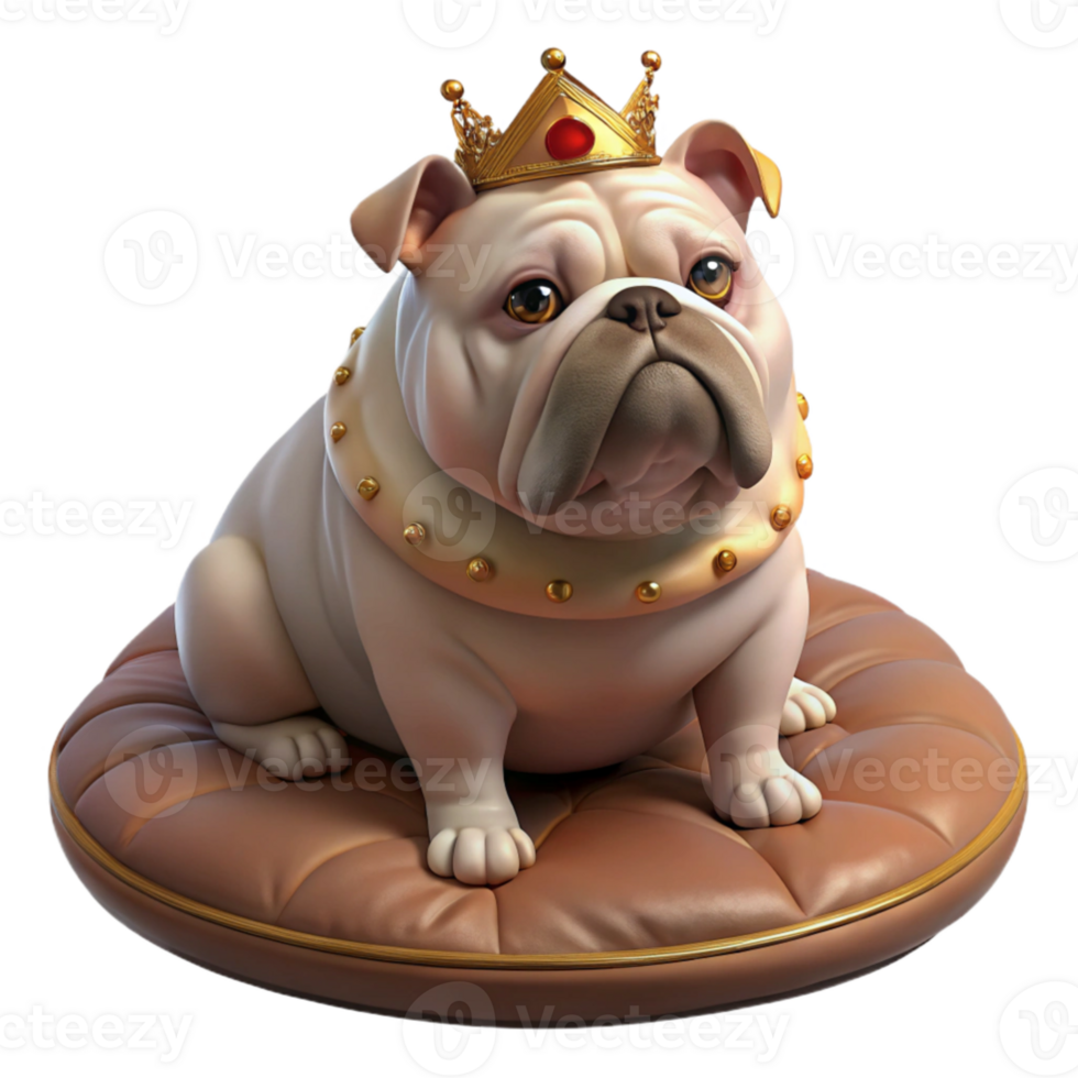 wonderful minimalist A grumpy, overweight bulldog wearing a tiny crown tilted askew, sitting on a plush velvet cushion, dramatic chiaroscuro lighting, painted in the style of a Renaissance... png