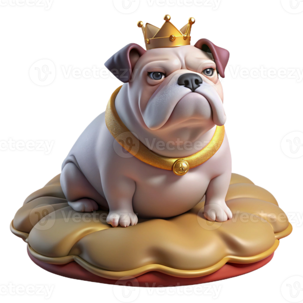 elegant rustic A grumpy, overweight bulldog wearing a tiny crown tilted askew, sitting on a plush velvet cushion, dramatic chiaroscuro lighting, painted in the style of a Renaissance portrait... png