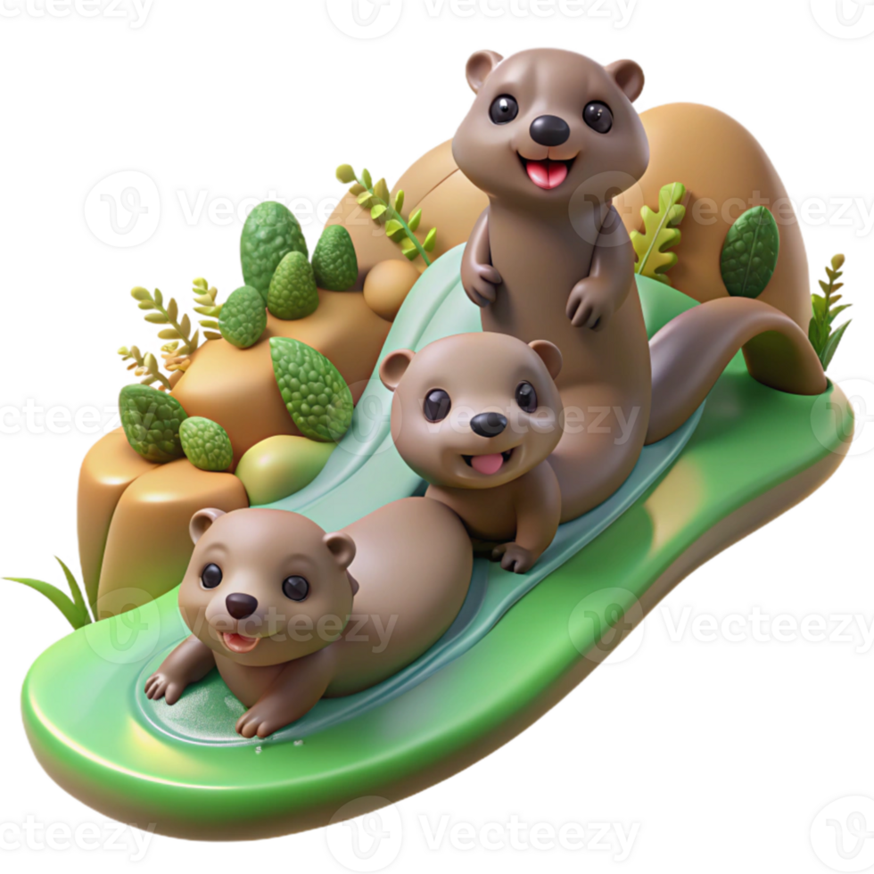 beautiful contemporary A family of playful otters sliding down a muddy riverbank, dappled sunlight filtering through the trees, illustrated in a whimsical, cartoon style genuine png