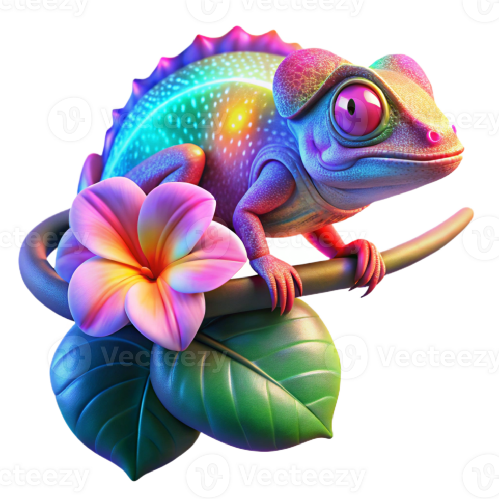 dramatic contemporary A vibrant chameleon perched on a branch of a flowering hibiscus plant, its skin displaying a kaleidoscope of colors, in a vibrant, surreal style, lit by neon lights exclusive png