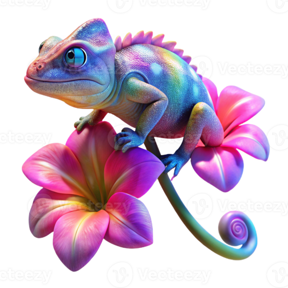 extraordinary classic A vibrant chameleon perched on a branch of a flowering hibiscus plant, its skin displaying a kaleidoscope of colors, in a vibrant, surreal style, lit by neon lights high... png