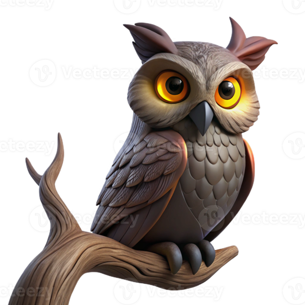 elegant rustic A wise old owl perched on an ancient, gnarled oak branch, its eyes glowing in the dim twilight, rendered in a detailed, fantasy art style detailed png