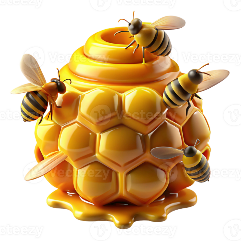 dramatic artistic A swarm of honeybees buzzing around a honeycomb, dripping with golden honey, lit by a warm, golden light, in a macro photography style exclusive png