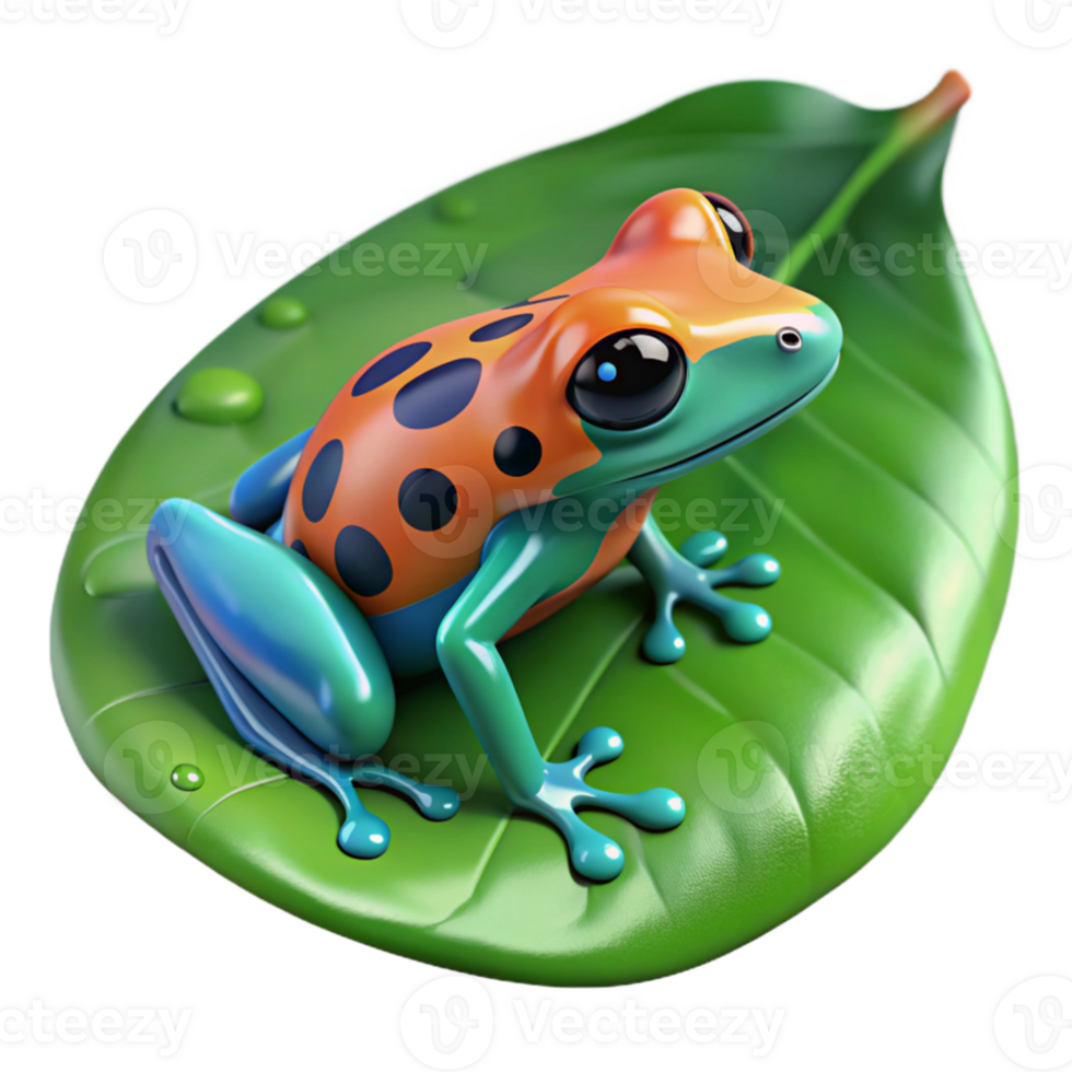 elegant rustic A tiny, brightly colored poison dart frog perched on a large, green leaf, droplets of water clinging to its skin, in a macro photography style, lit by a bright, tropical light original png