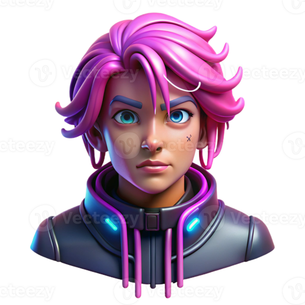 serene classic A cyberpunk portrait of a person with vibrant pink hair, cybernetic implants, and a data stream flowing from their eyes. Neon lighting with a gritty, urban aesthetic.... png