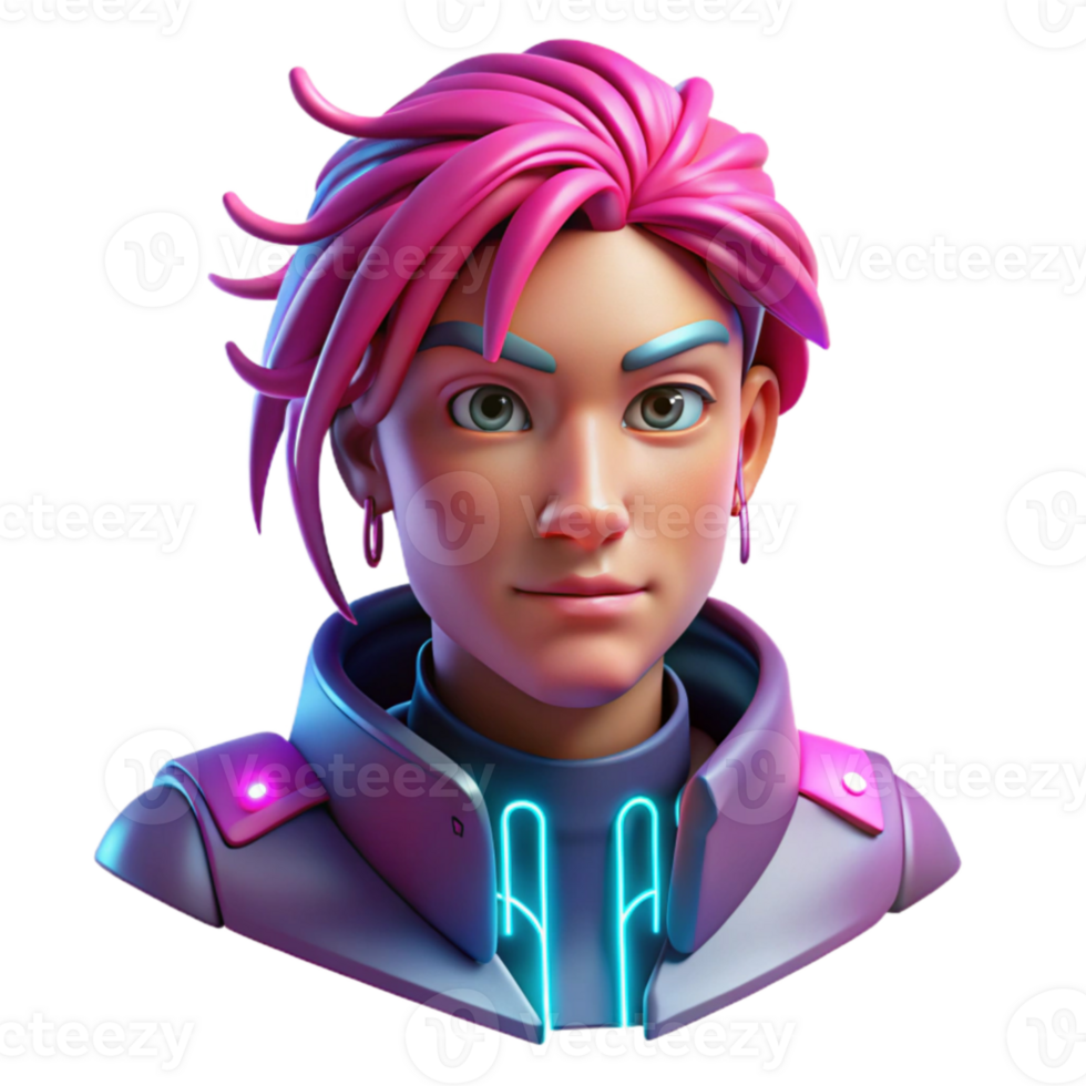beautiful traditional A cyberpunk portrait of a person with vibrant pink hair, cybernetic implants, and a data stream flowing from their eyes. Neon lighting with a gritty, urban aesthetic.... png