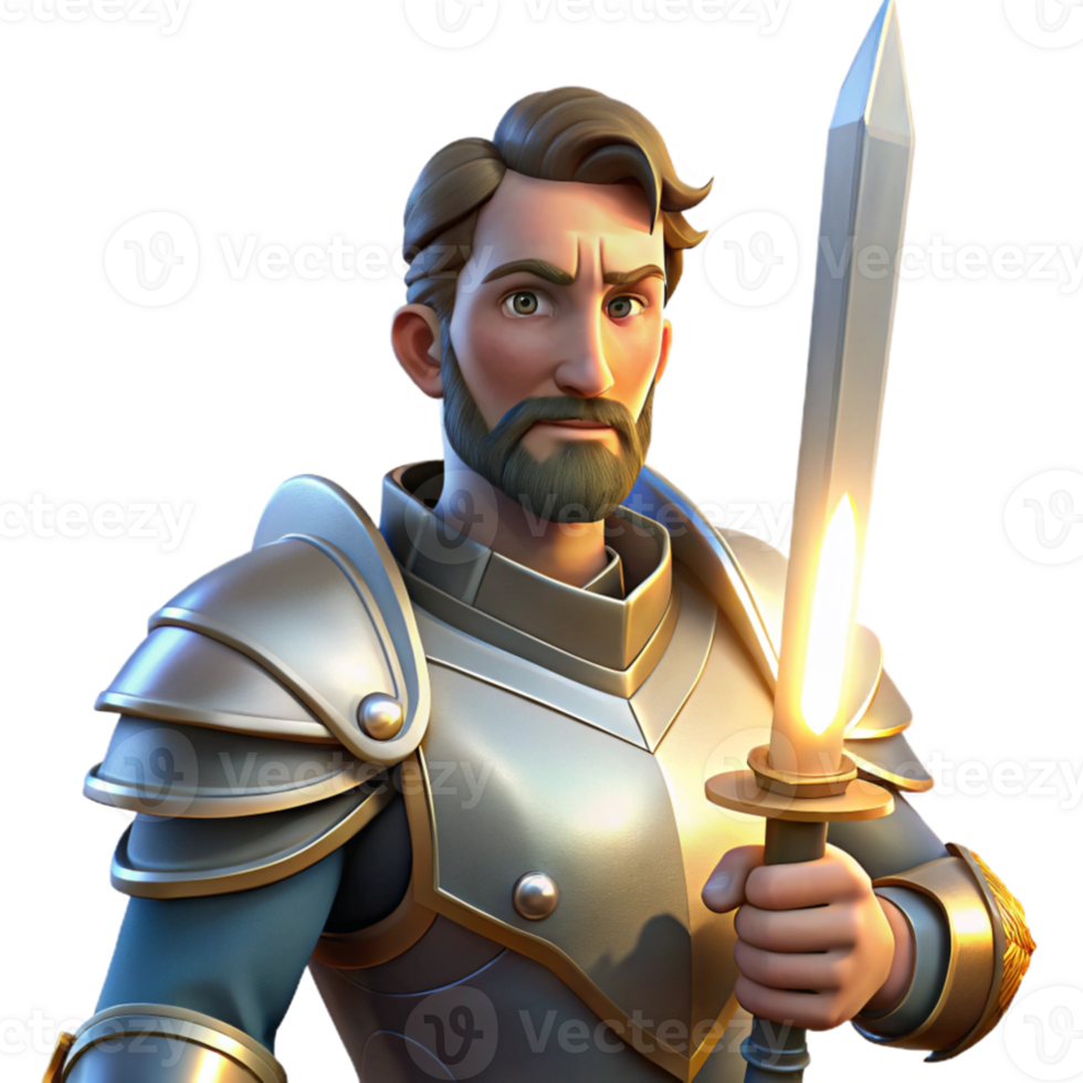 vibrant creative Portrait of a stoic knight in shining armor, holding a sword, with a determined expression. Lit by a single beam of light from above. Frank Frazetta style professional png
