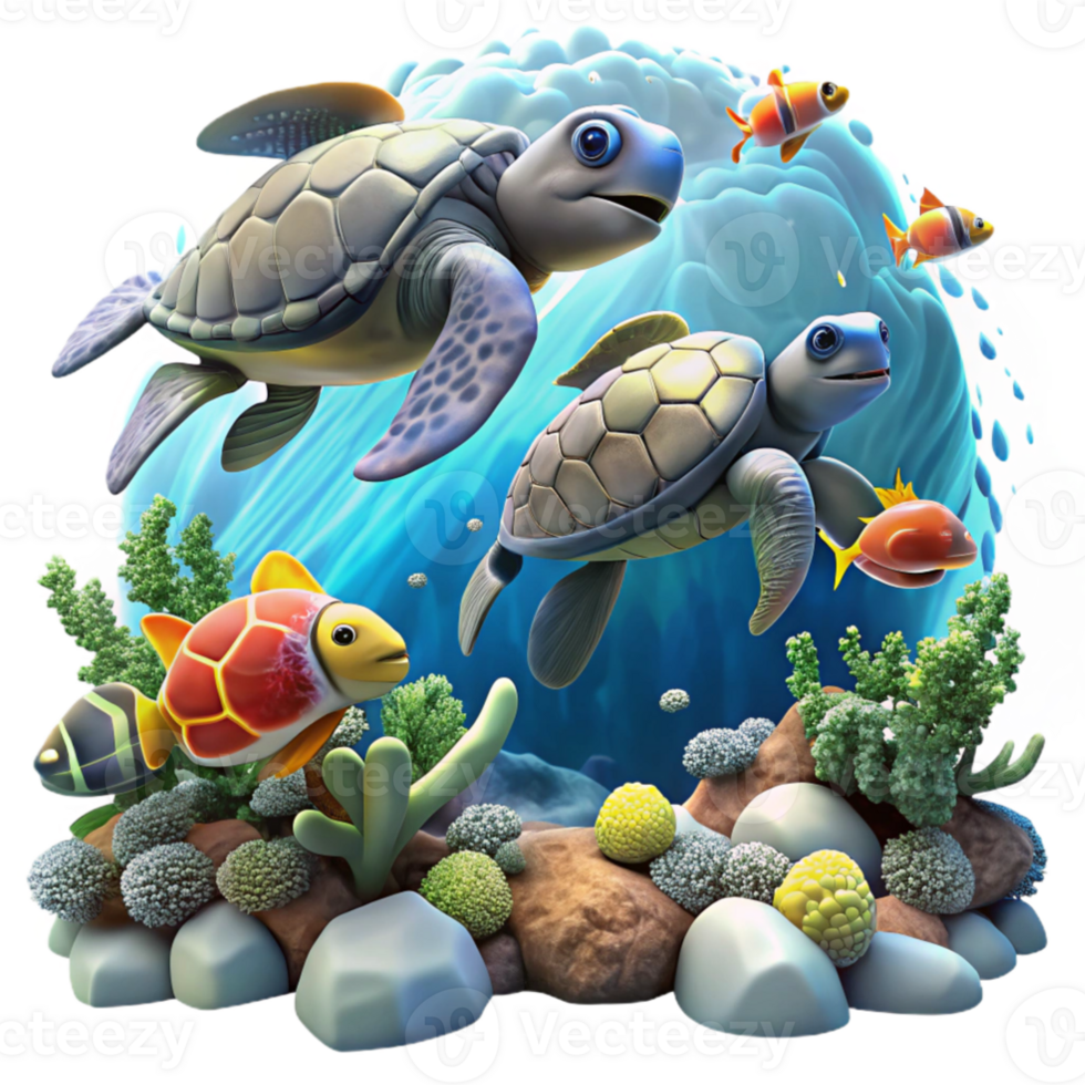 beautiful contemporary A group of sea turtles swimming through a coral reef, vibrant fish darting around them, illuminated by dappled sunlight, rendered in a detailed, nature documentary style... png