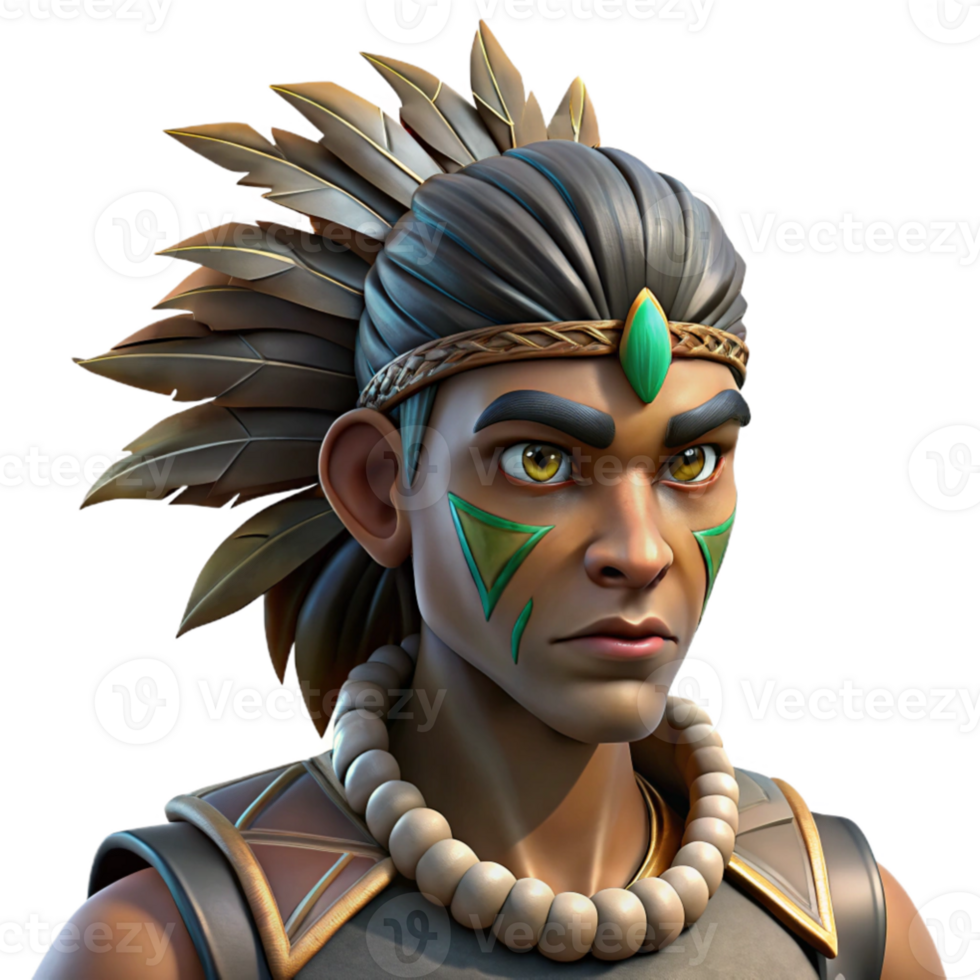 serene creative Portrait of a tribal warrior with intricate face paint, feathers in their hair, and a fierce gaze. Dramatic lighting with a strong sense of depth. National Geographic style premium png