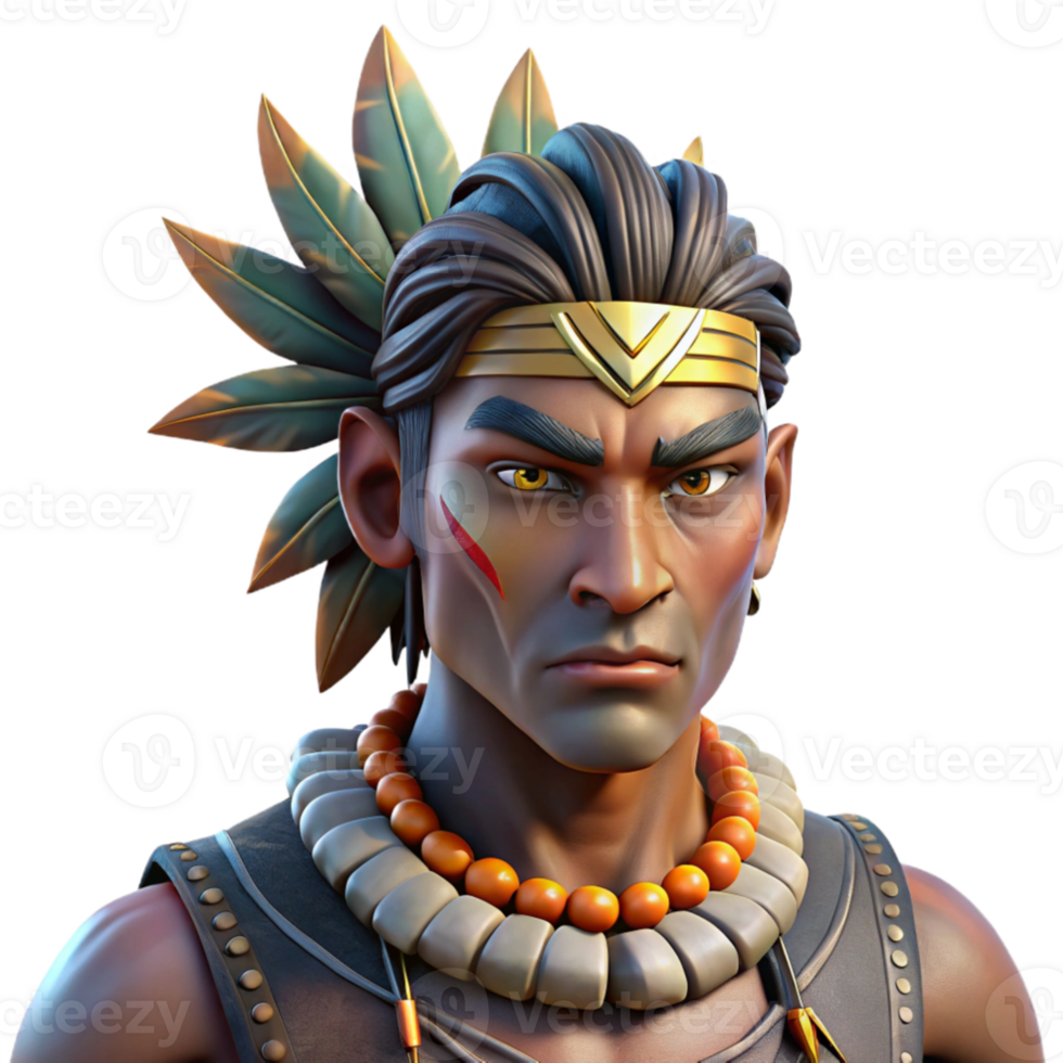 impressive rustic Portrait of a tribal warrior with intricate face paint, feathers in their hair, and a fierce gaze. Dramatic lighting with a strong sense of depth. National Geographic style exclusive png