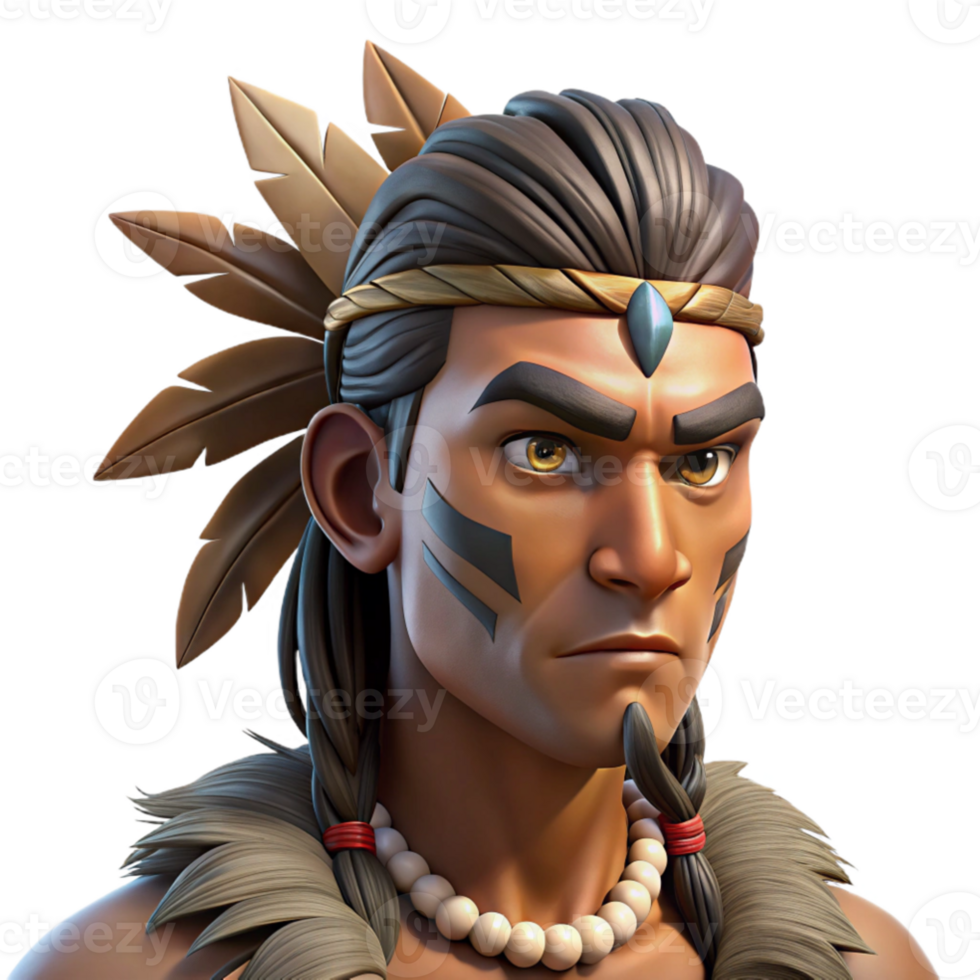 stunning minimalist Portrait of a tribal warrior with intricate face paint, feathers in their hair, and a fierce gaze. Dramatic lighting with a strong sense of depth.... png