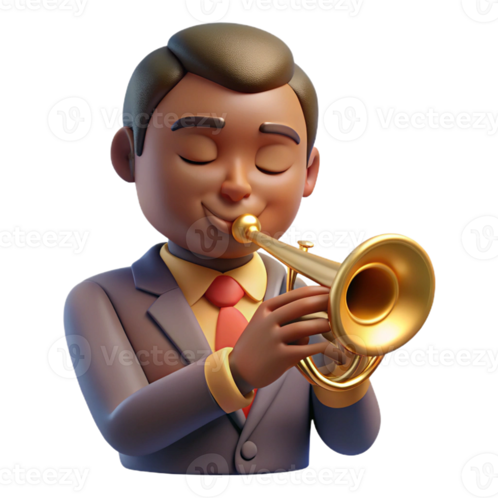 elegant artistic Portrait of a jazz musician with a trumpet held to their lips, eyes closed in concentration. Warm, smoky lighting in a jazz club setting detailed png