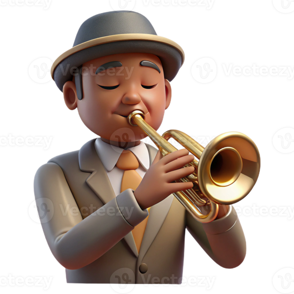 vibrant traditional Portrait of a jazz musician with a trumpet held to their lips, eyes closed in concentration. Warm, smoky lighting in a jazz club setting premium png