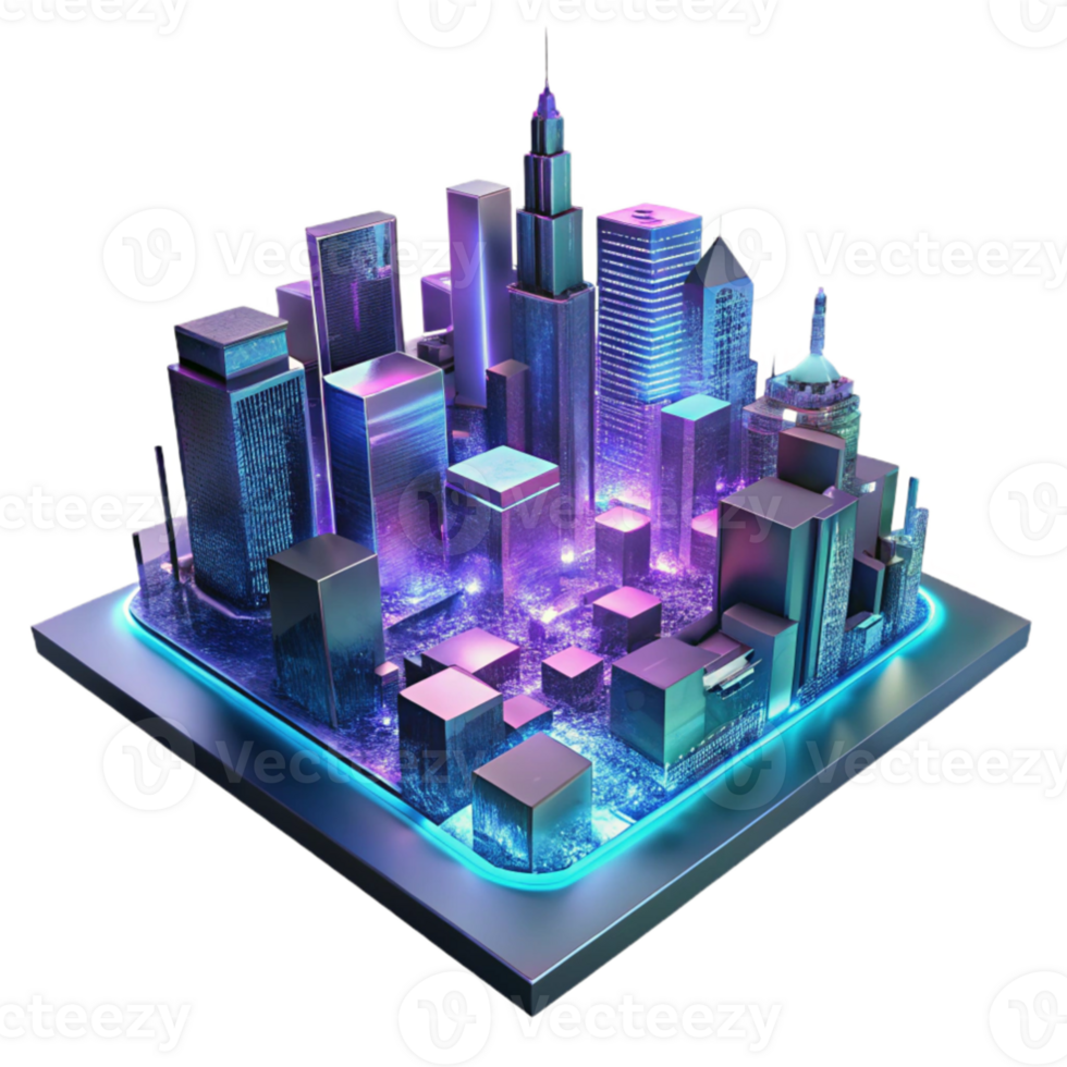 vibrant traditional A towering holographic projection of a futuristic cityscape glitching and flickering, neon lights reflecting on a wet street, dark and gritty, cinematic style exclusive png