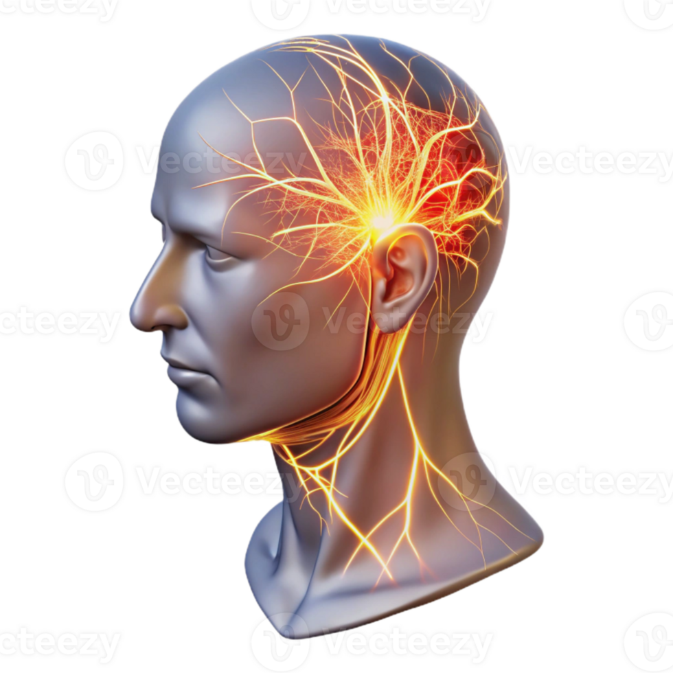 beautiful abstract A transparent human head with visible neural pathways firing, vibrant electrical sparks, clinical lighting, anatomical style 4K png